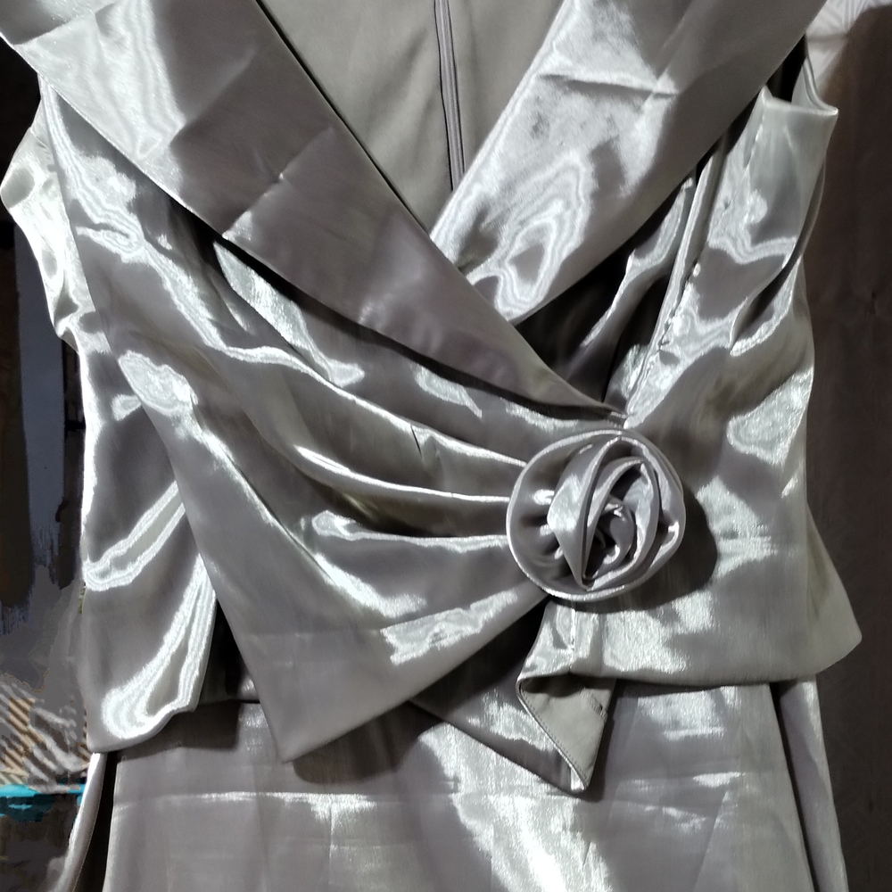 Cachet Shimmering Silver Dress with Rosette Detail Looks Like Jacket over skirt